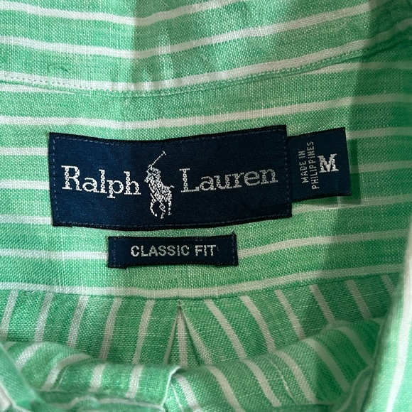 Polo Ralph Lauren Medium 100% Linen Light Green Striped Summer Lightweight Shirt - Picture 6 of 9